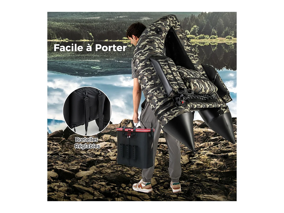 Bateau de Pêche Gonflable avec Dossier Pagaie, Bateau Gonflable avec Règle à Poisson, Rangement Palmes Pompe Sangles de Sac à Dos, Charge 150 KG, Camouflage