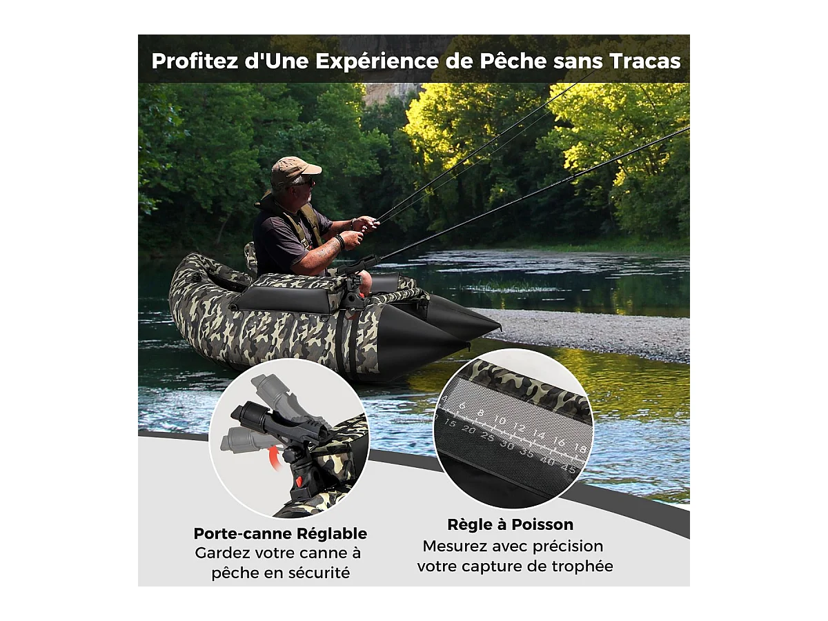 Bateau de Pêche Gonflable avec Dossier Pagaie, Bateau Gonflable avec Règle à Poisson, Rangement Palmes Pompe Sangles de Sac à Dos, Charge 150 KG, Camouflage