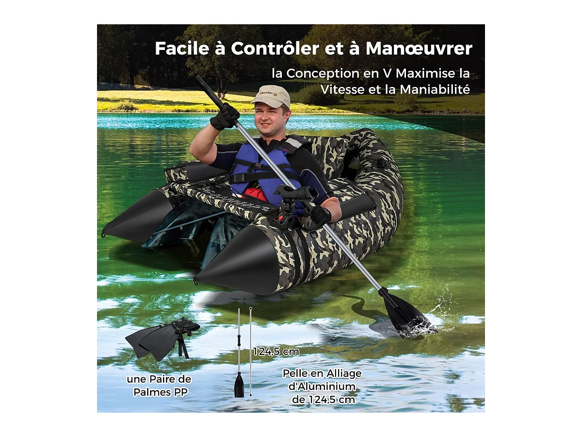 Bateau de Pêche Gonflable avec Dossier Pagaie, Bateau Gonflable avec Règle à Poisson, Rangement Palmes Pompe Sangles de Sac à Dos, Charge 150 KG, Camouflage