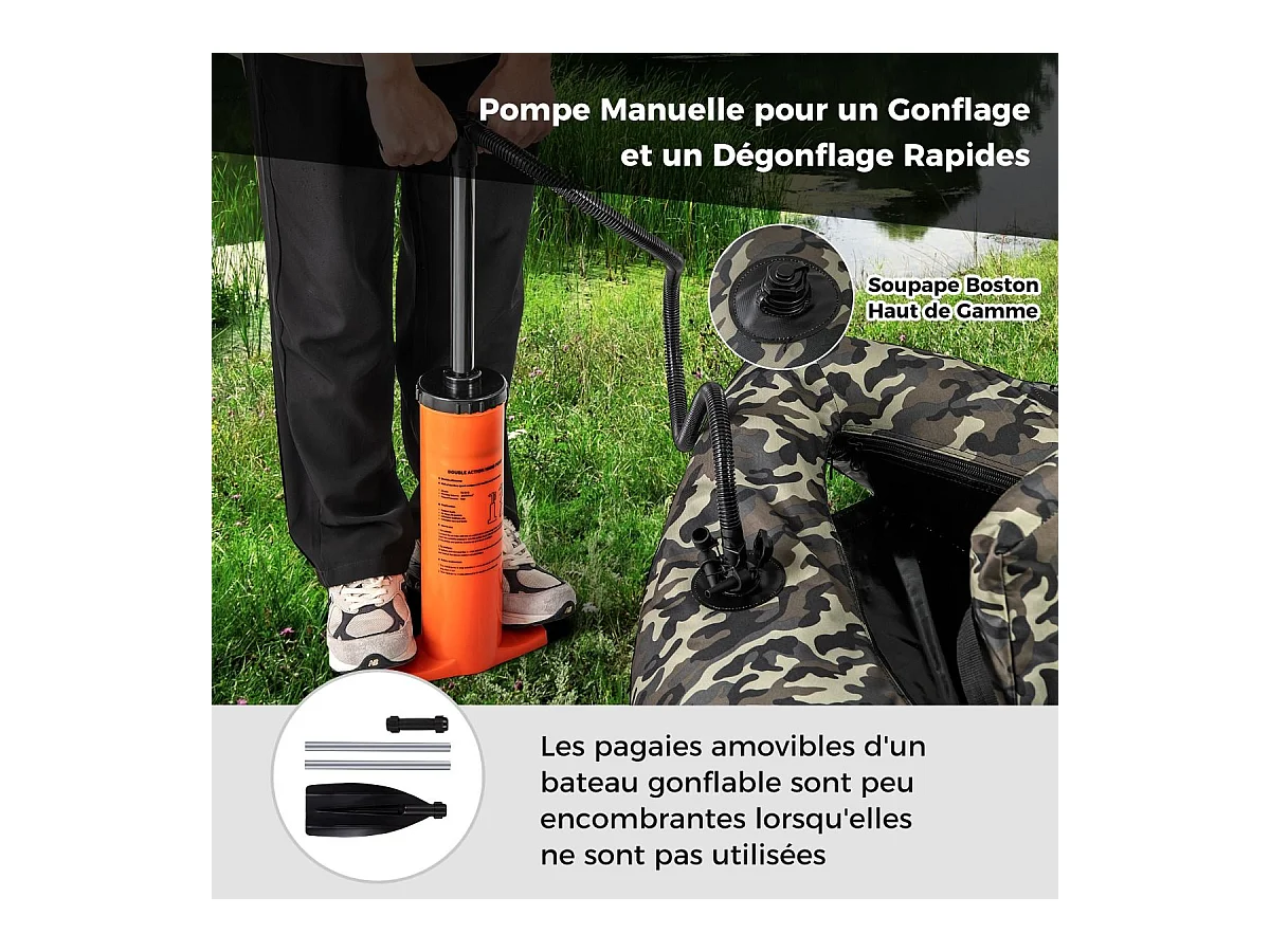 Bateau de Pêche Gonflable avec Dossier Pagaie, Bateau Gonflable avec Règle à Poisson, Rangement Palmes Pompe Sangles de Sac à Dos, Charge 150 KG, Camouflage
