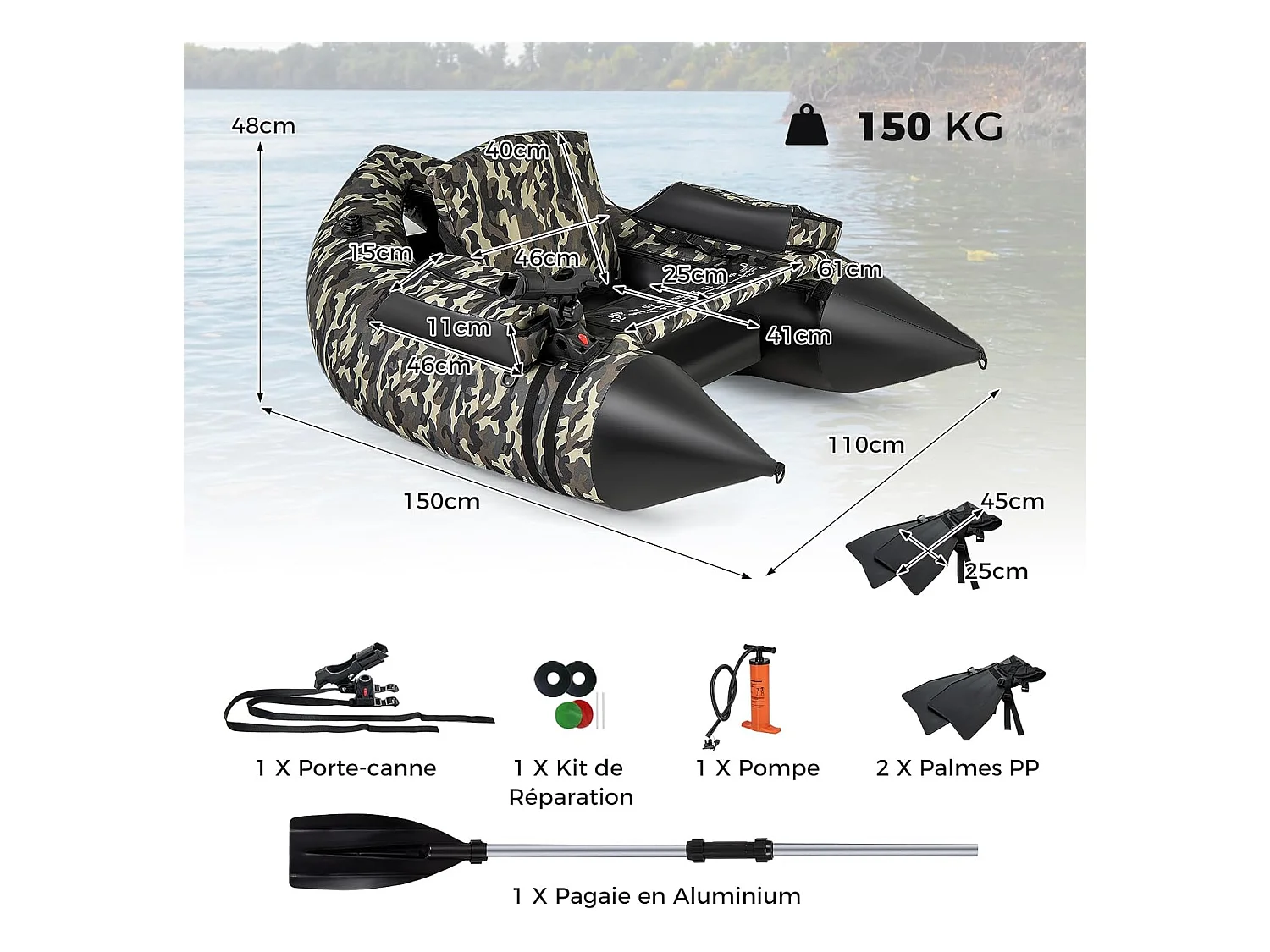 Bateau de Pêche Gonflable avec Dossier Pagaie, Bateau Gonflable avec Règle à Poisson, Rangement Palmes Pompe Sangles de Sac à Dos, Charge 150 KG, Camouflage
