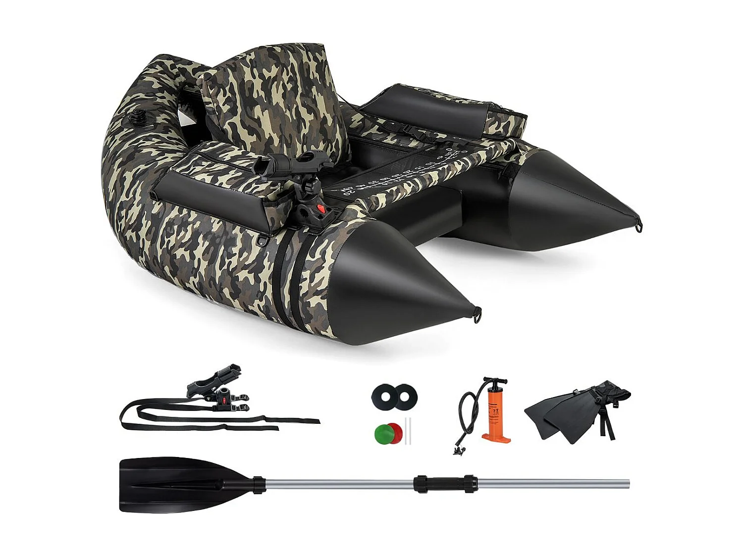 Bateau de Pêche Gonflable avec Dossier Pagaie, Bateau Gonflable avec Règle à Poisson, Rangement Palmes Pompe Sangles de Sac à Dos, Charge 150 KG, Camouflage