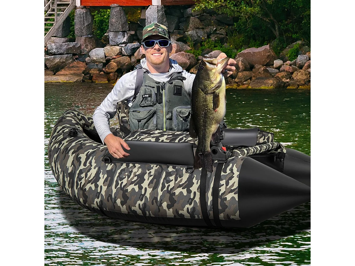 Bateau de Pêche Gonflable avec Dossier Pagaie, Bateau Gonflable avec Règle à Poisson, Rangement Palmes Pompe Sangles de Sac à Dos, Charge 150 KG, Camouflage