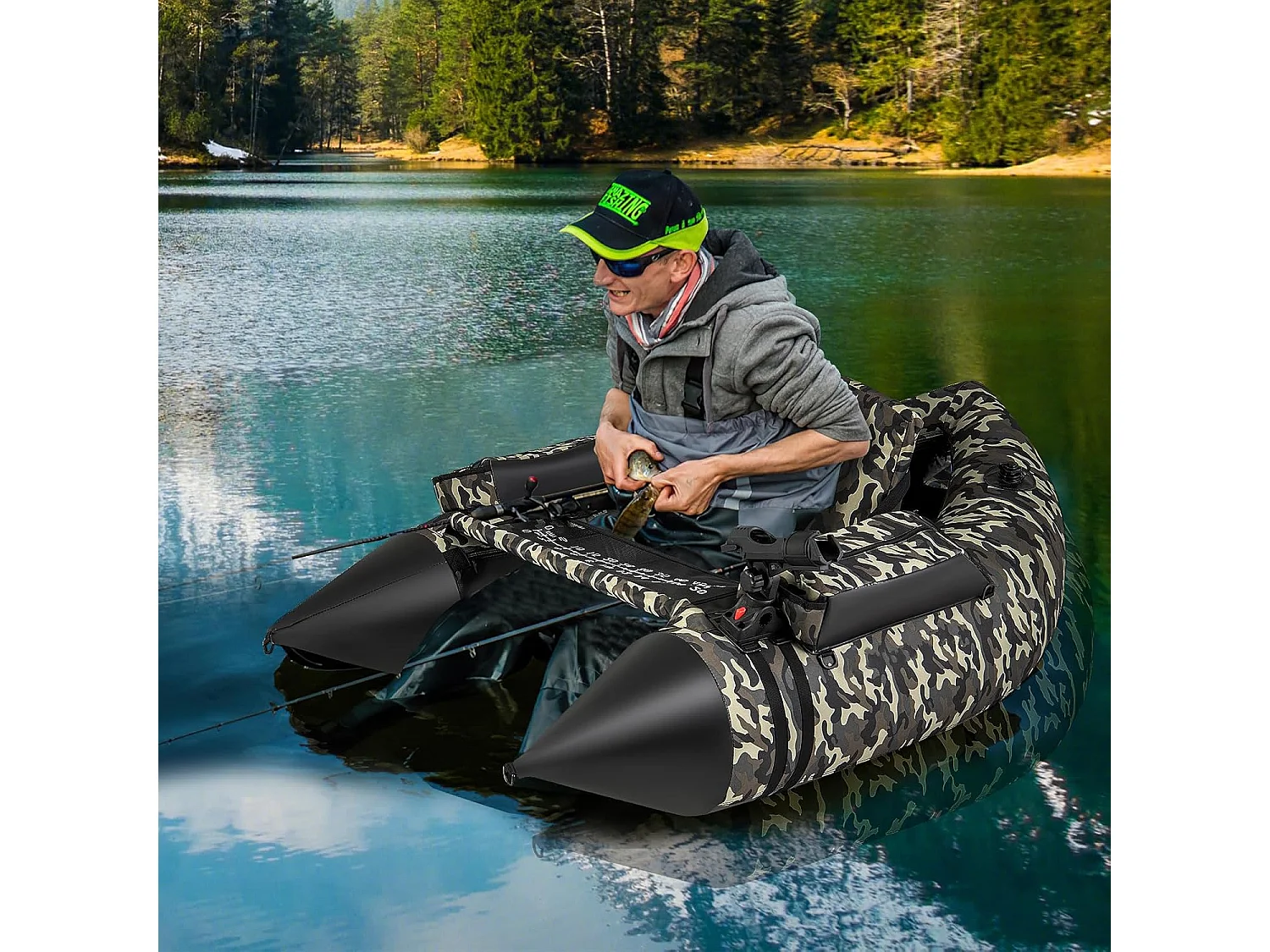 Bateau de Pêche Gonflable avec Dossier Pagaie, Bateau Gonflable avec Règle à Poisson, Rangement Palmes Pompe Sangles de Sac à Dos, Charge 150 KG, Camouflage