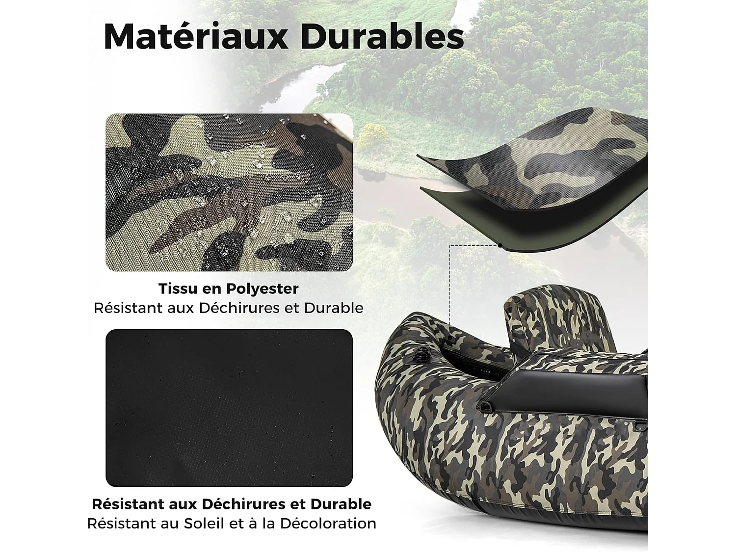 Bateau de Pêche Gonflable avec Dossier Pagaie, Bateau Gonflable avec Règle à Poisson, Rangement Palmes Pompe Sangles de Sac à Dos, Charge 150 KG, Camouflage