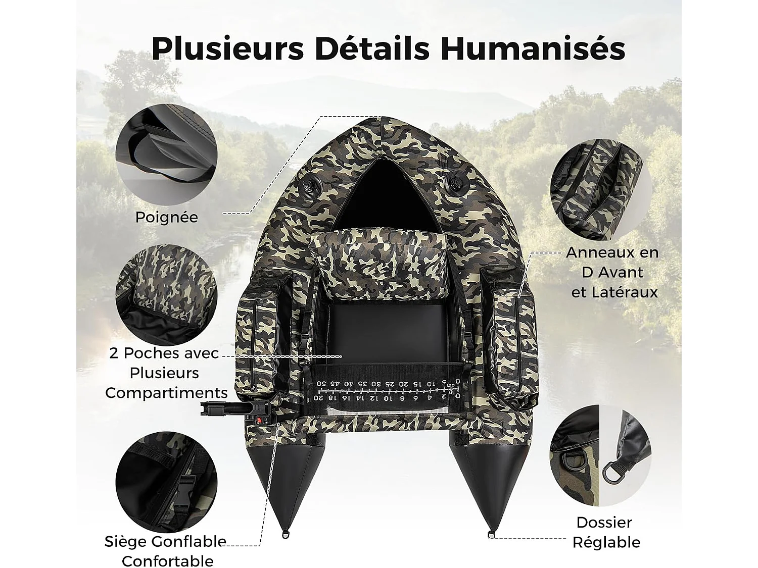 Bateau de Pêche Gonflable avec Dossier Pagaie, Bateau Gonflable avec Règle à Poisson, Rangement Palmes Pompe Sangles de Sac à Dos, Charge 150 KG, Camouflage