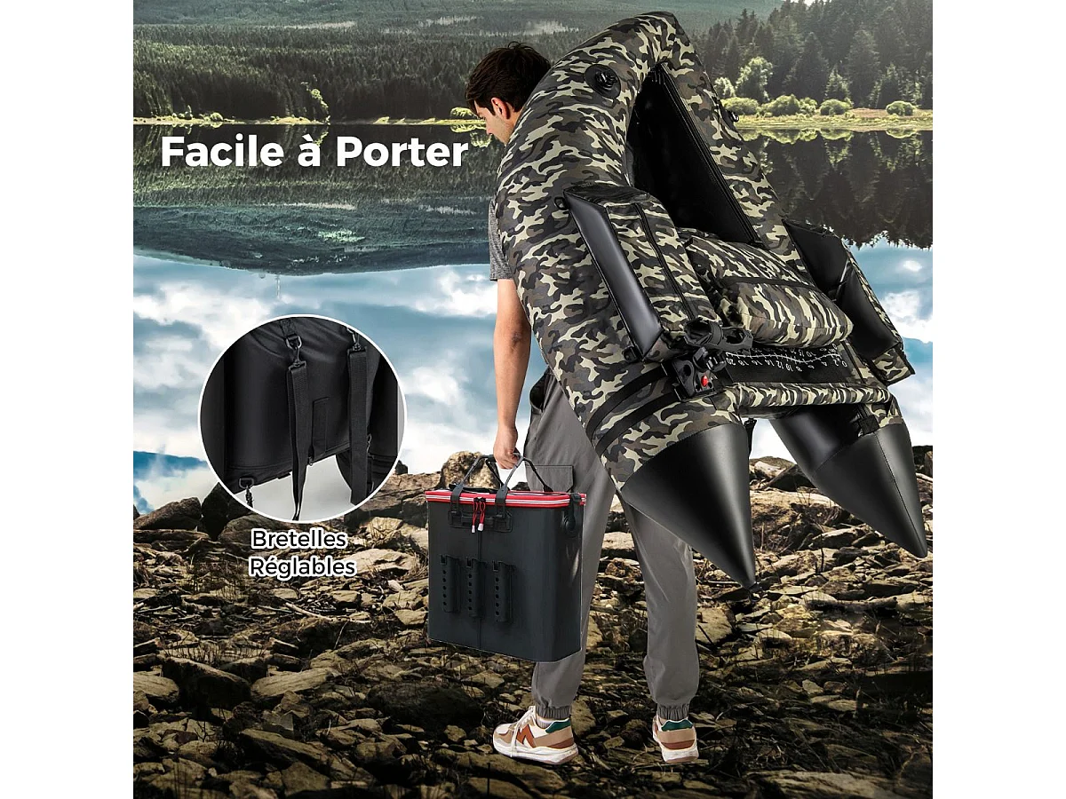 Bateau de Pêche Gonflable avec Dossier Pagaie, Bateau Gonflable avec Règle à Poisson, Rangement Palmes Pompe Sangles de Sac à Dos, Charge 150 KG, Camouflage