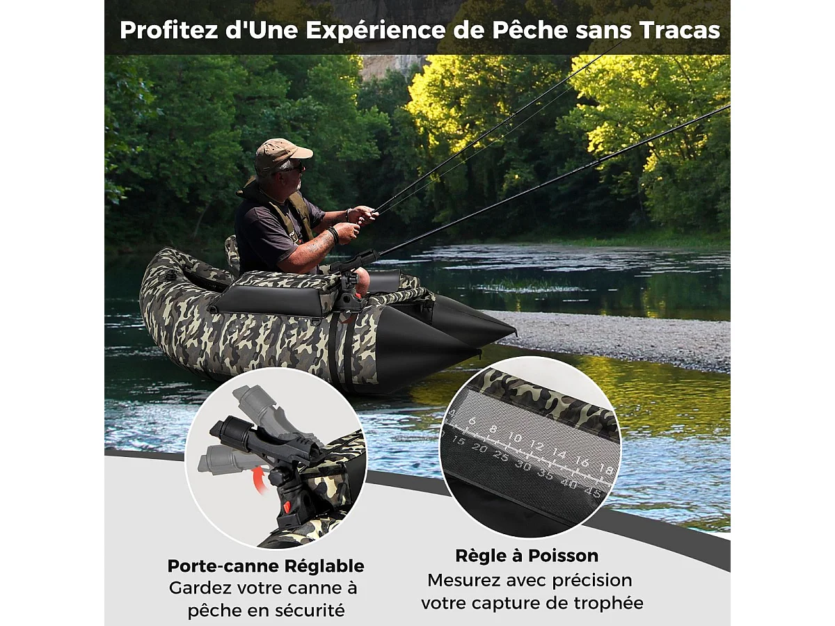 Bateau de Pêche Gonflable avec Dossier Pagaie, Bateau Gonflable avec Règle à Poisson, Rangement Palmes Pompe Sangles de Sac à Dos, Charge 150 KG, Camouflage