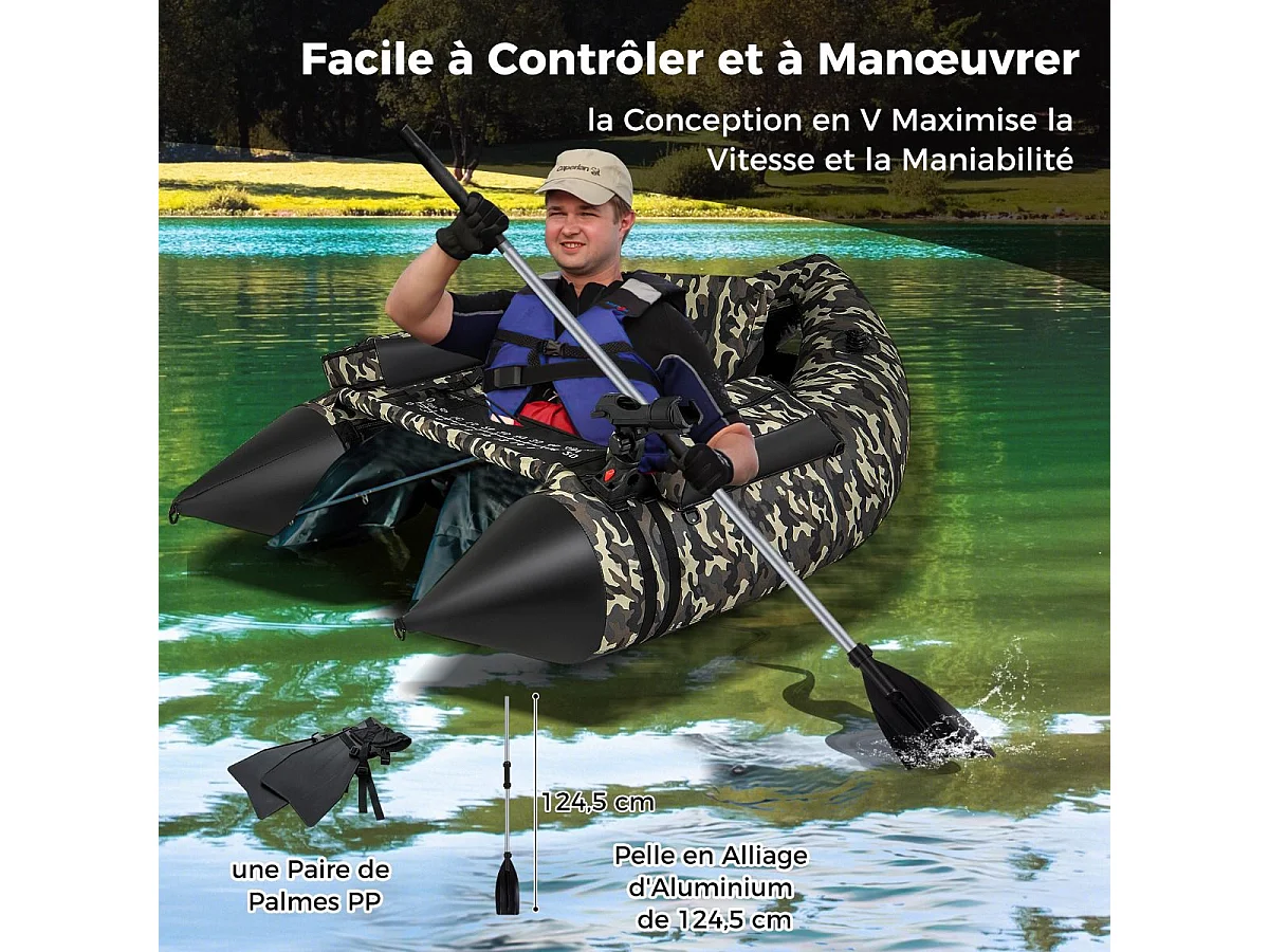 Bateau de Pêche Gonflable avec Dossier Pagaie, Bateau Gonflable avec Règle à Poisson, Rangement Palmes Pompe Sangles de Sac à Dos, Charge 150 KG, Camouflage