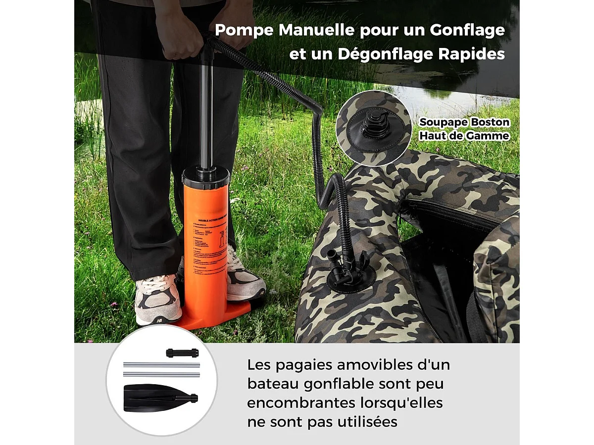 Bateau de Pêche Gonflable avec Dossier Pagaie, Bateau Gonflable avec Règle à Poisson, Rangement Palmes Pompe Sangles de Sac à Dos, Charge 150 KG, Camouflage