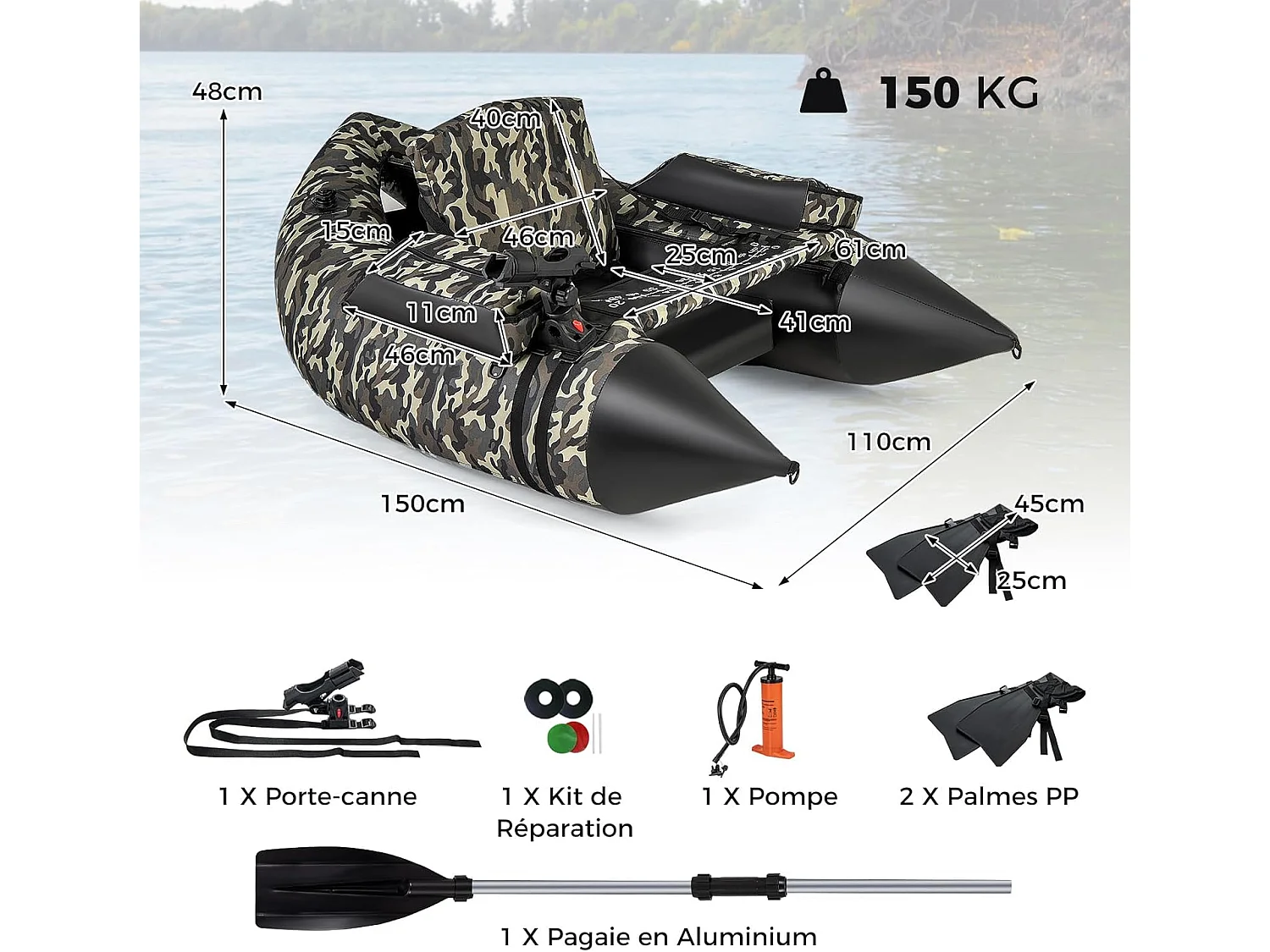 Bateau de Pêche Gonflable avec Dossier Pagaie, Bateau Gonflable avec Règle à Poisson, Rangement Palmes Pompe Sangles de Sac à Dos, Charge 150 KG, Camouflage