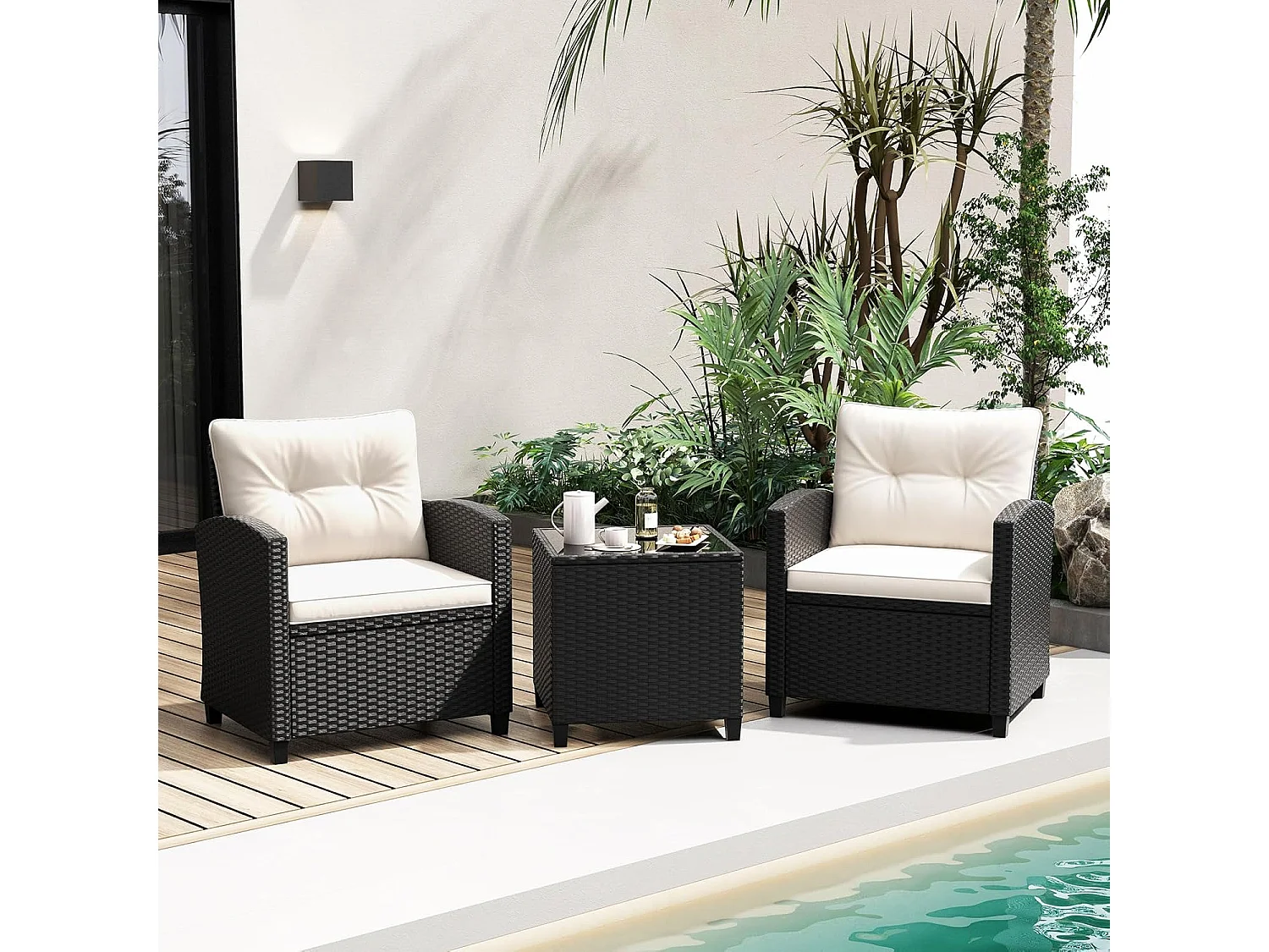 Ensemble de Meubles 3 Pièces de Patio en Rotin Charge 180KG, Salon de Jardin 2 Fauteuils, Table Basse avec Plateau en Verre Trempé 4 Coussins Amovibles (Noir+Blanc)