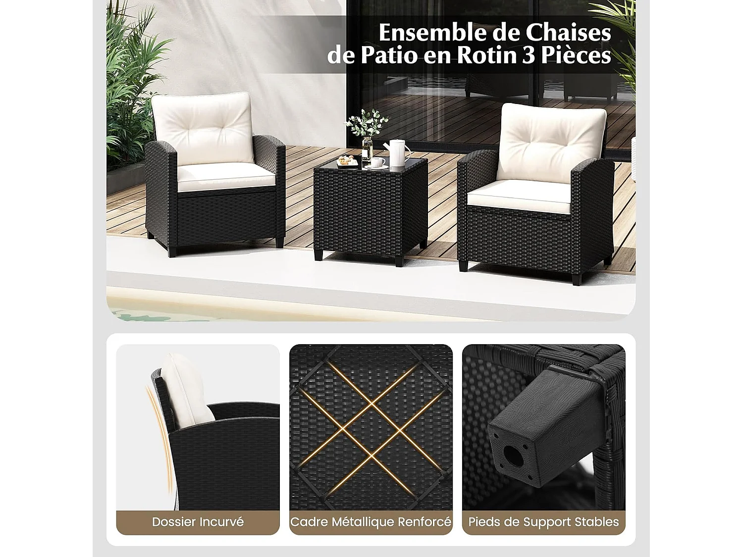 Ensemble de Meubles 3 Pièces de Patio en Rotin Charge 180KG, Salon de Jardin 2 Fauteuils, Table Basse avec Plateau en Verre Trempé 4 Coussins Amovibles (Noir+Blanc)