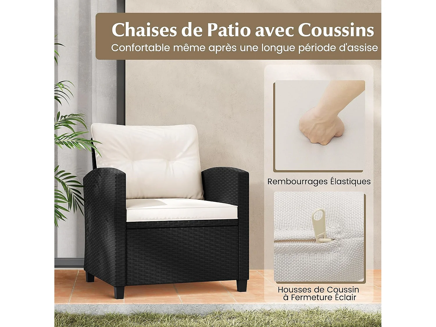 Ensemble de Meubles 3 Pièces de Patio en Rotin Charge 180KG, Salon de Jardin 2 Fauteuils, Table Basse avec Plateau en Verre Trempé 4 Coussins Amovibles (Noir+Blanc)