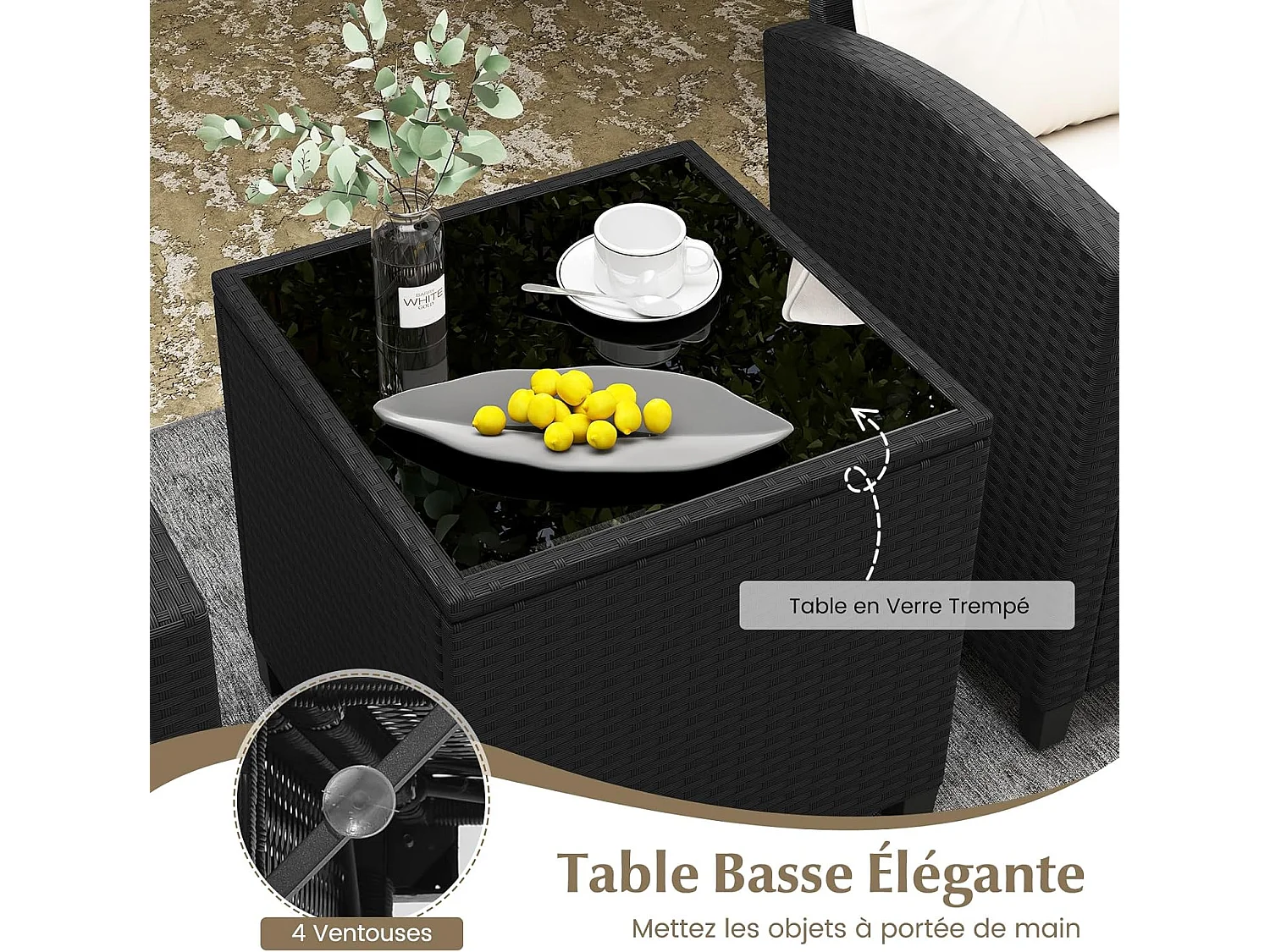 Ensemble de Meubles 3 Pièces de Patio en Rotin Charge 180KG, Salon de Jardin 2 Fauteuils, Table Basse avec Plateau en Verre Trempé 4 Coussins Amovibles (Noir+Blanc)