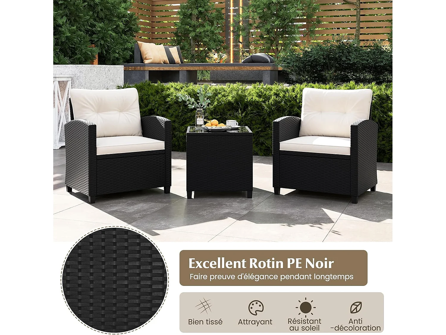 Ensemble de Meubles 3 Pièces de Patio en Rotin Charge 180KG, Salon de Jardin 2 Fauteuils, Table Basse avec Plateau en Verre Trempé 4 Coussins Amovibles (Noir+Blanc)