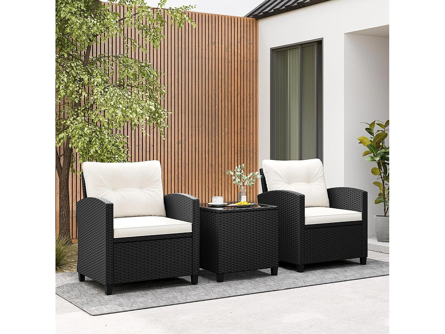 Ensemble de Meubles 3 Pièces de Patio en Rotin Charge 180KG, Salon de Jardin 2 Fauteuils, Table Basse avec Plateau en Verre Trempé 4 Coussins Amovibles (Noir+Blanc)