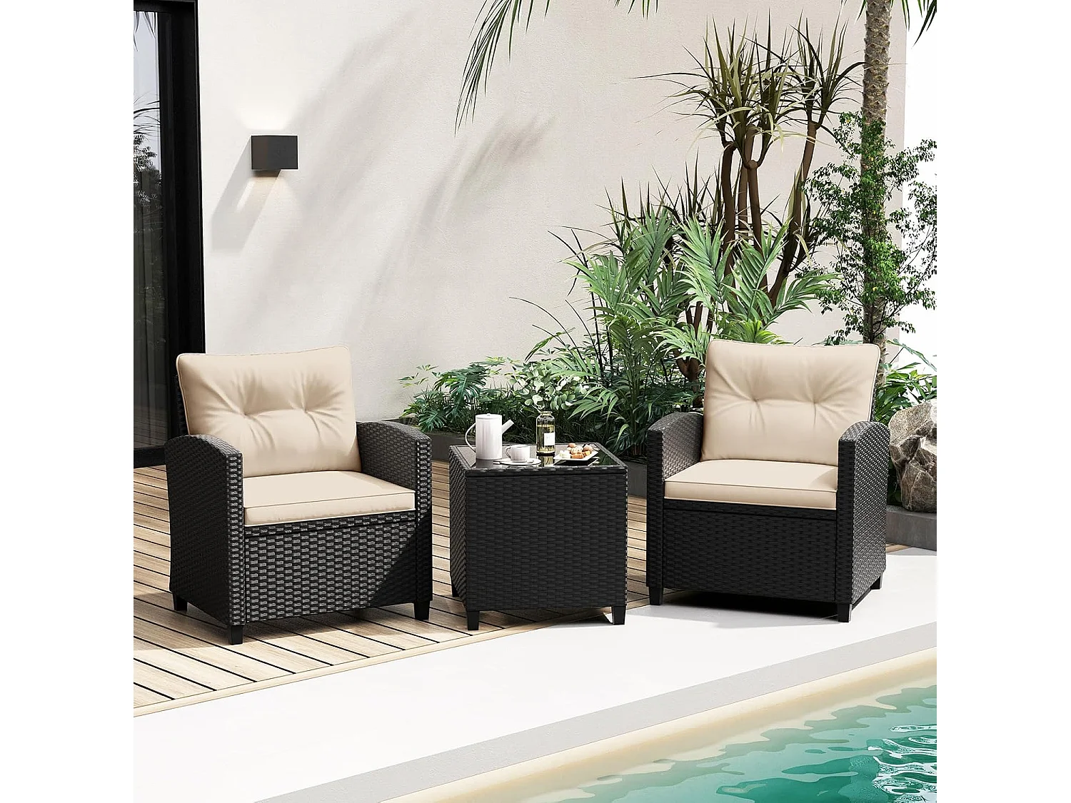 Ensemble de Meubles 3 Pièces de Patio en Rotin Charge 180KG, Salon de Jardin 2 Fauteuils, Table Basse avec Plateau en Verre Trempé 4 Coussins Amovibles (Noir+Beige)
