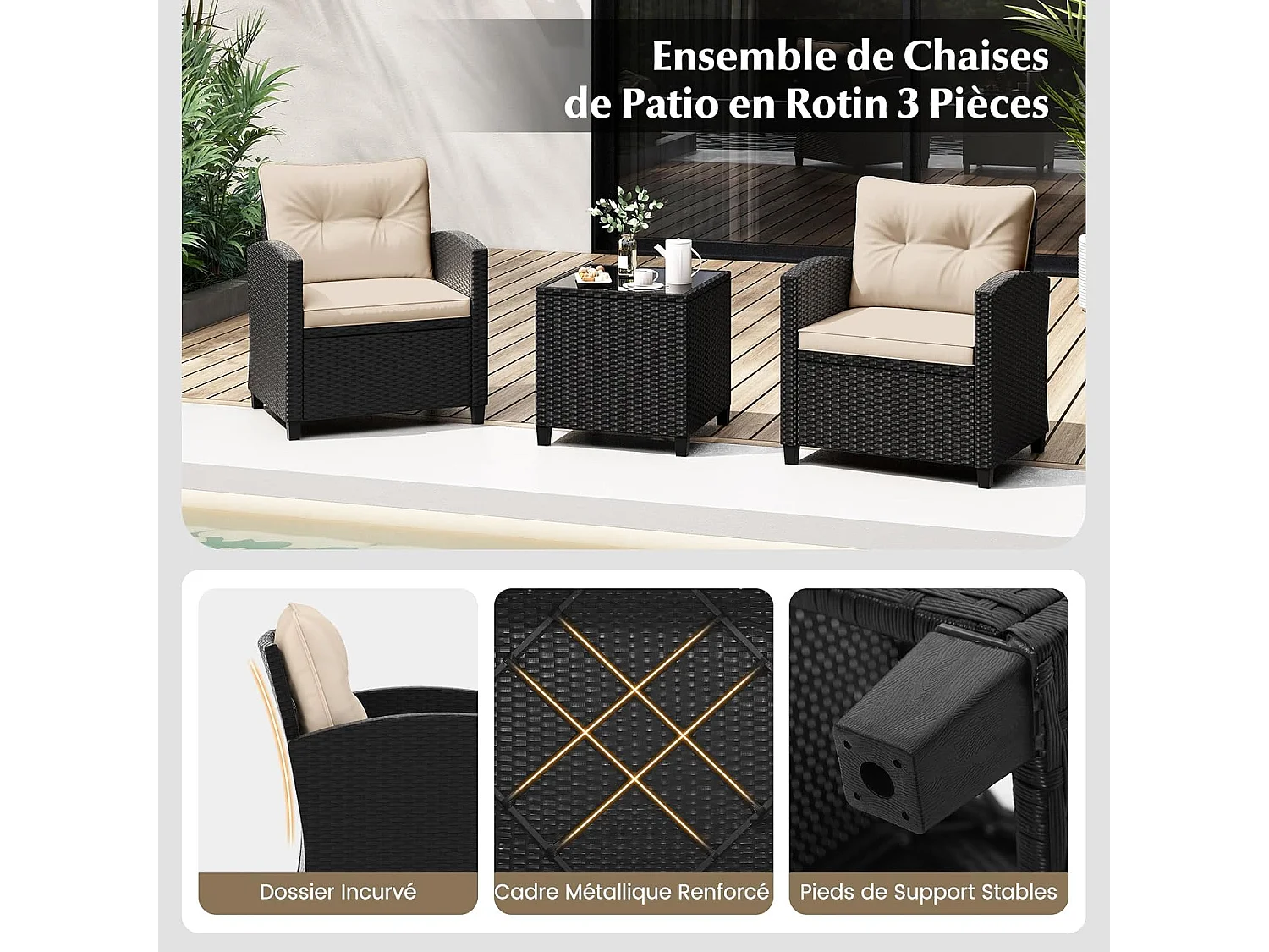 Ensemble de Meubles 3 Pièces de Patio en Rotin Charge 180KG, Salon de Jardin 2 Fauteuils, Table Basse avec Plateau en Verre Trempé 4 Coussins Amovibles (Noir+Beige)