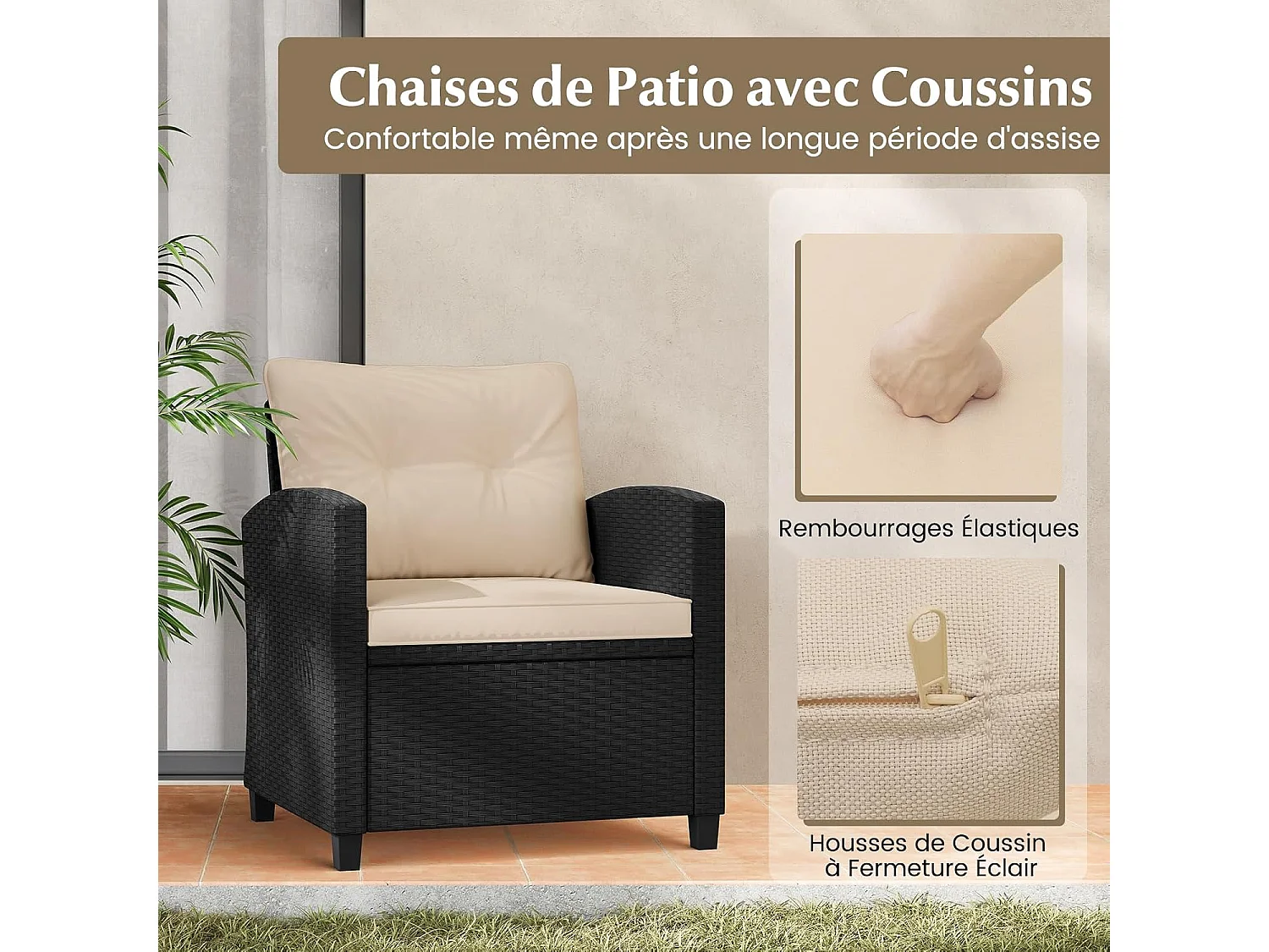 Ensemble de Meubles 3 Pièces de Patio en Rotin Charge 180KG, Salon de Jardin 2 Fauteuils, Table Basse avec Plateau en Verre Trempé 4 Coussins Amovibles (Noir+Beige)