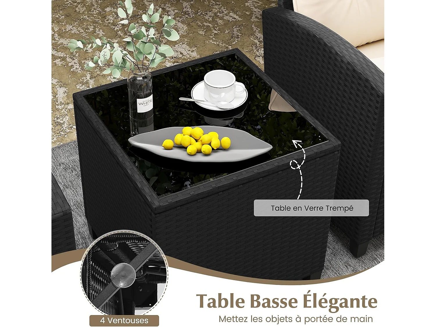 Ensemble de Meubles 3 Pièces de Patio en Rotin Charge 180KG, Salon de Jardin 2 Fauteuils, Table Basse avec Plateau en Verre Trempé 4 Coussins Amovibles (Noir+Beige)