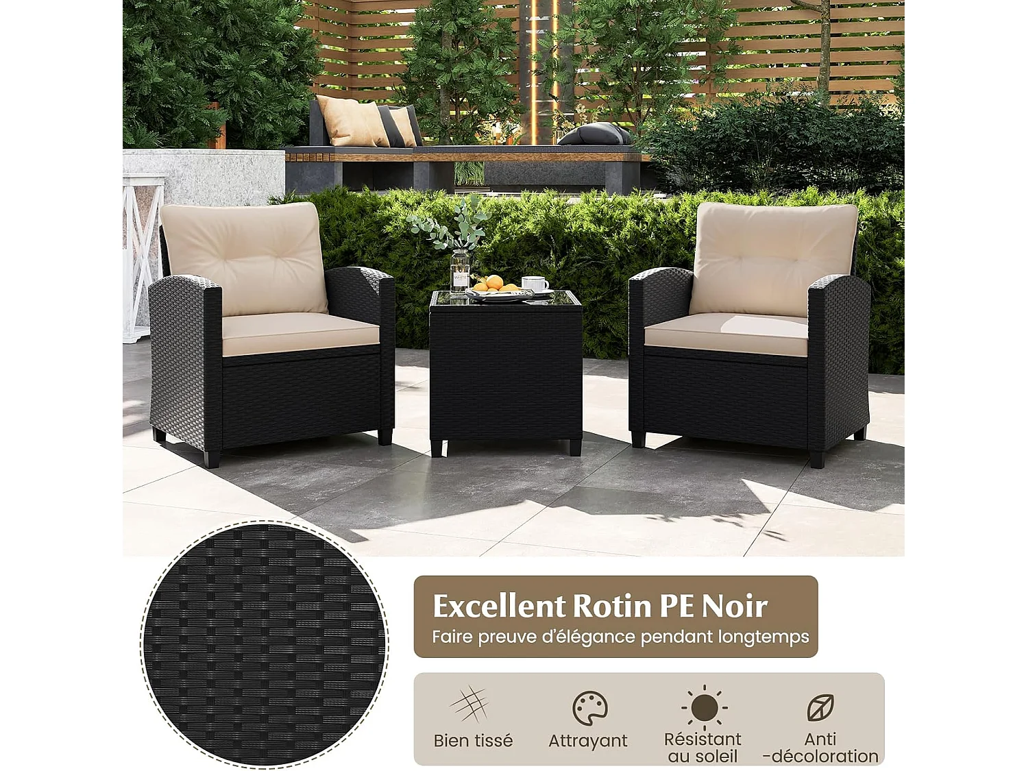 Ensemble de Meubles 3 Pièces de Patio en Rotin Charge 180KG, Salon de Jardin 2 Fauteuils, Table Basse avec Plateau en Verre Trempé 4 Coussins Amovibles (Noir+Beige)