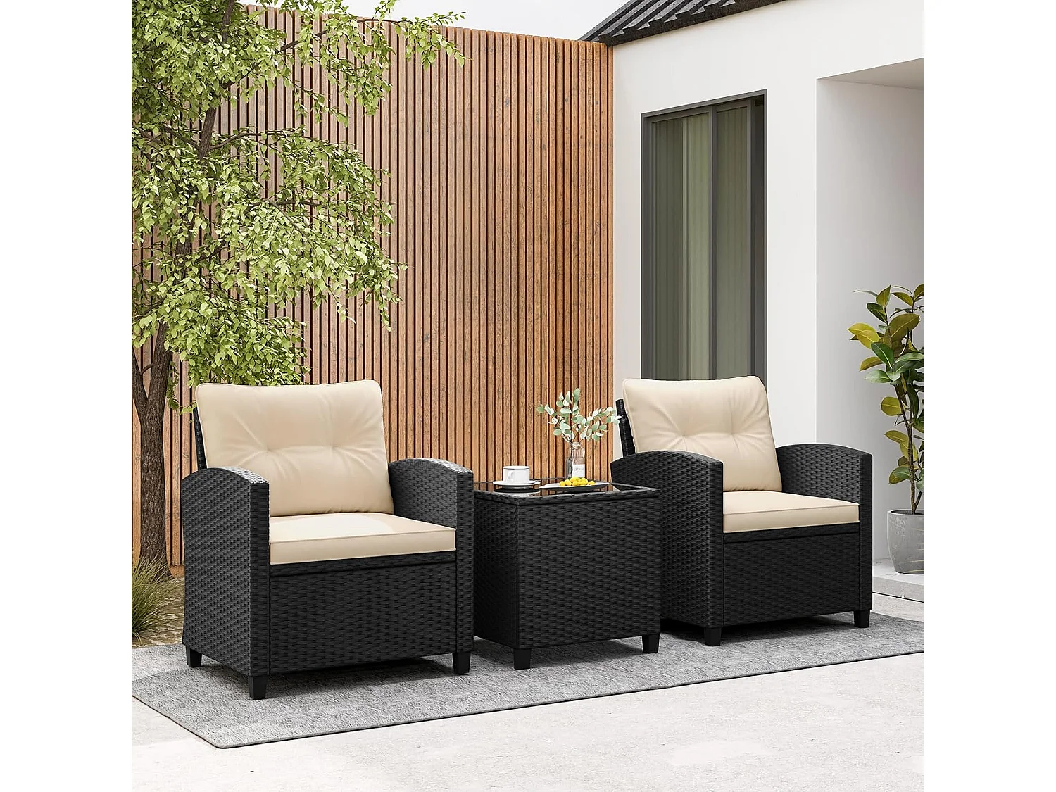 Ensemble de Meubles 3 Pièces de Patio en Rotin Charge 180KG, Salon de Jardin 2 Fauteuils, Table Basse avec Plateau en Verre Trempé 4 Coussins Amovibles (Noir+Beige)