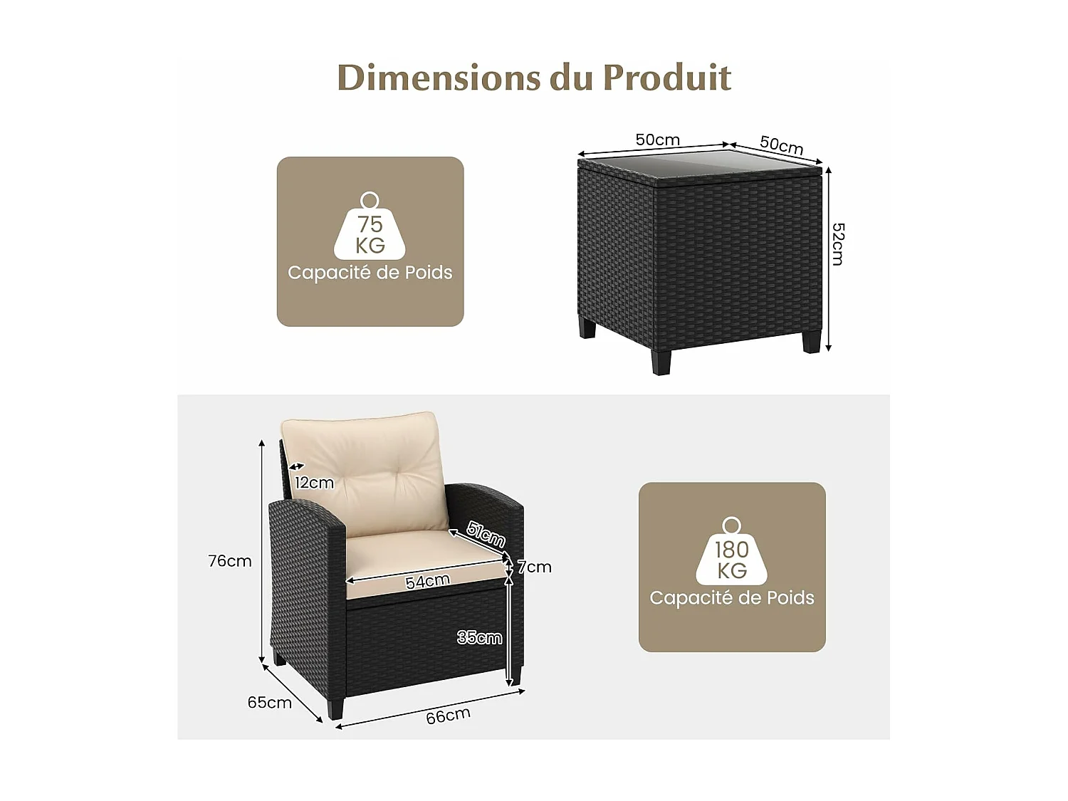 Ensemble de Meubles 3 Pièces de Patio en Rotin Charge 180KG, Salon de Jardin 2 Fauteuils, Table Basse avec Plateau en Verre Trempé 4 Coussins Amovibles (Noir+Beige)