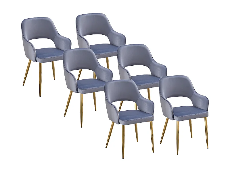 Lot de 6 chaises en velours et métal doré - Bleu - GIA
