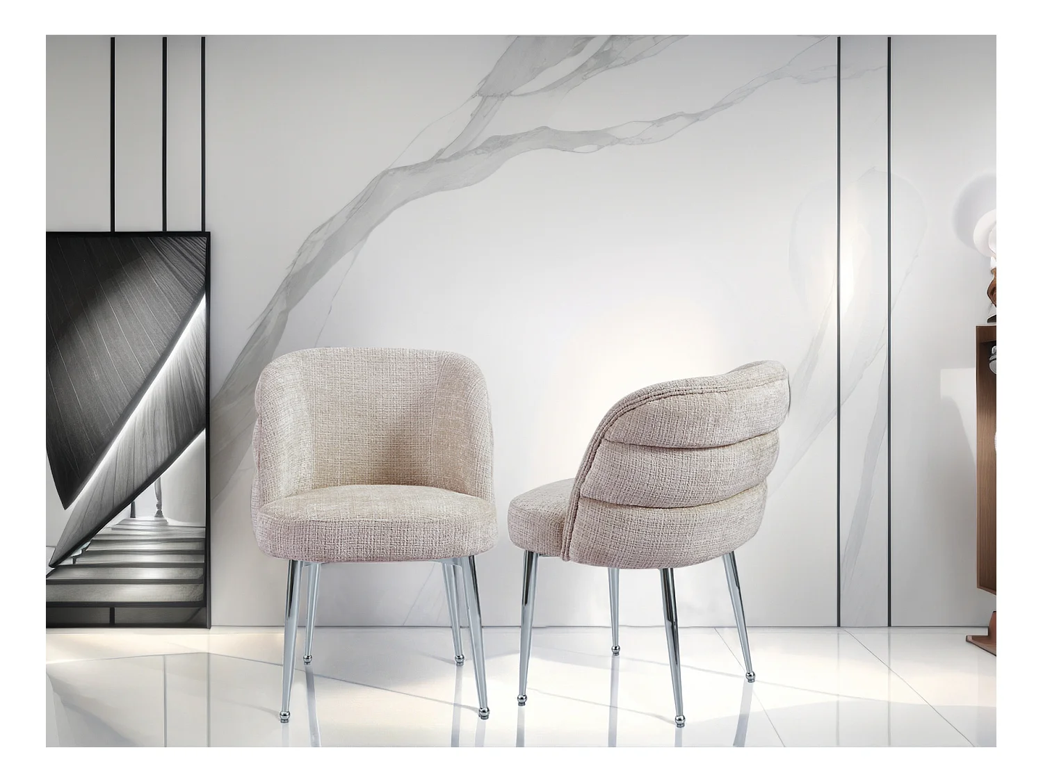 Lot de 2 chaises en chenille et métal argenté - Beige - SARA