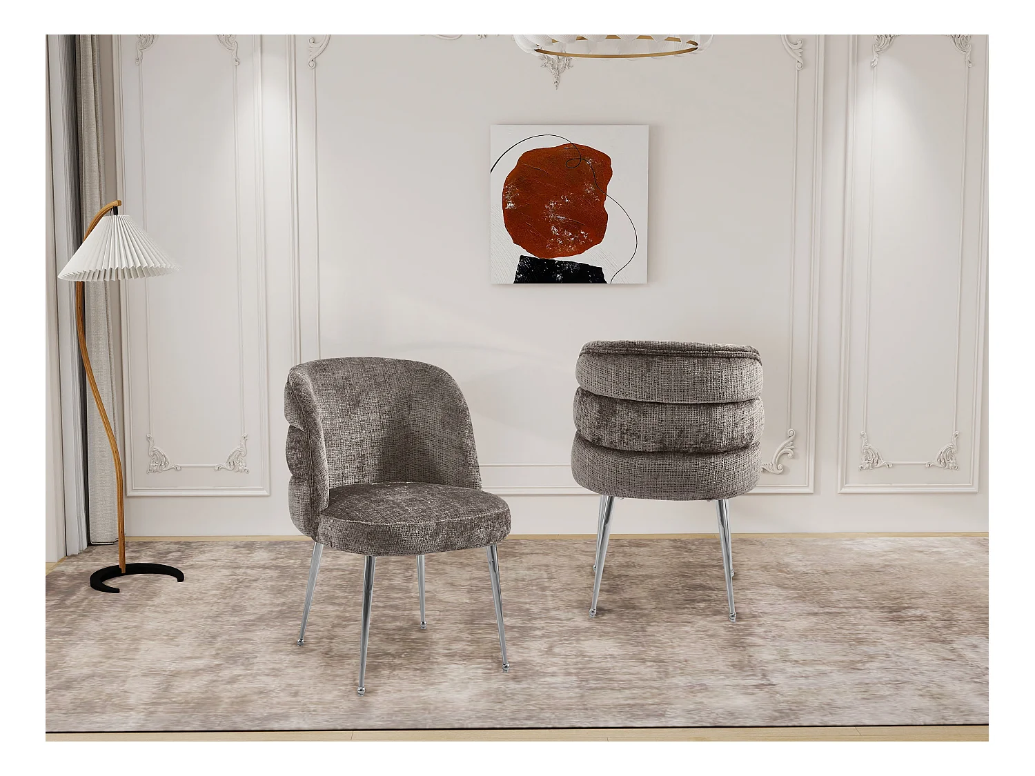 Lot de 2 chaises en chenille et métal argenté - Taupe - SARA