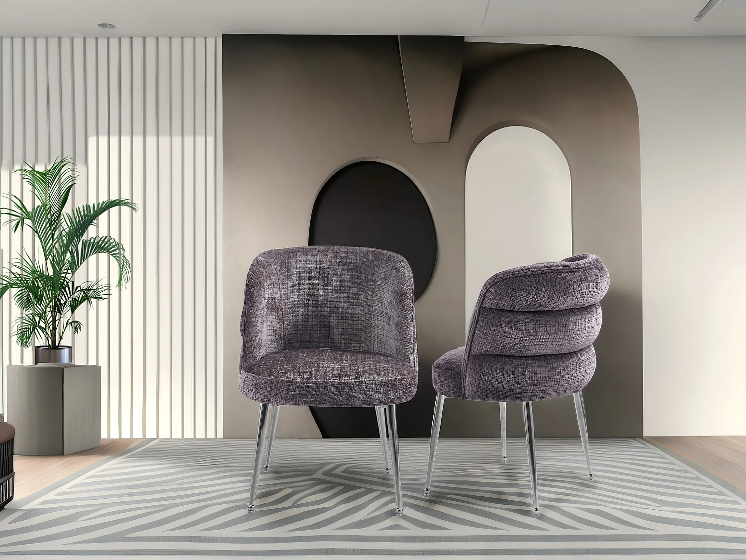 Lot de 2 chaises en chenille et métal argenté - Taupe - SARA