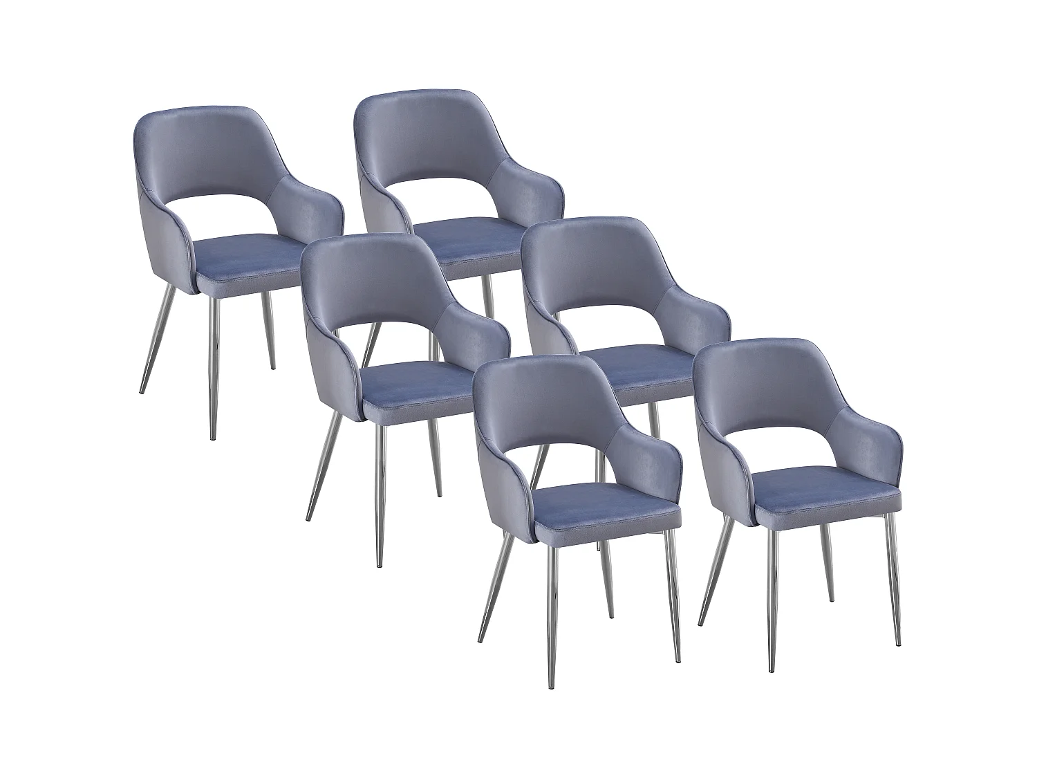 Lot de 6 chaises en velours et métal argenté - Bleu - GIA
