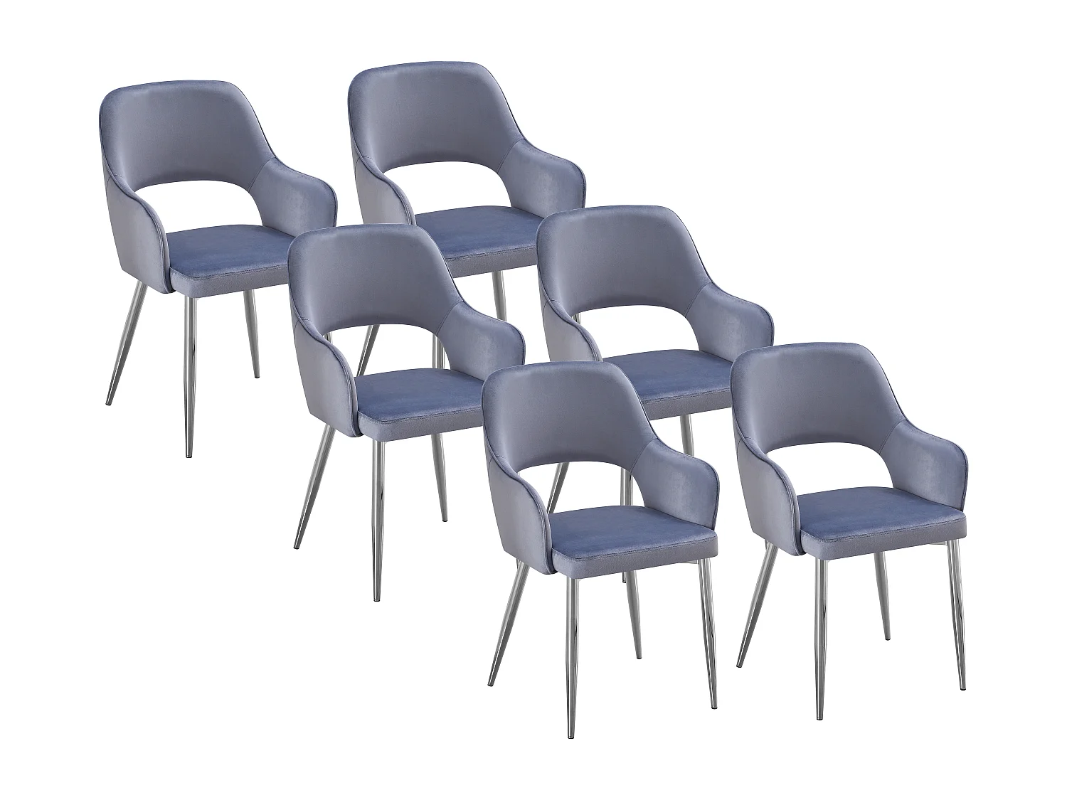 Lot de 6 chaises en velours et métal argenté - Bleu - GIA