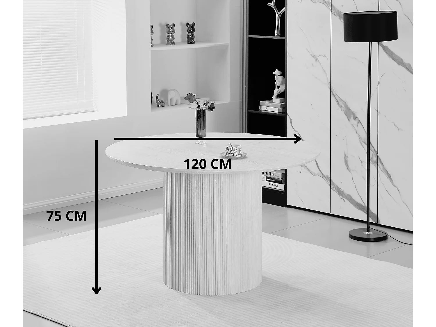 Table à manger ronde en MDF - Effet bois chêne blanc cassé - ESME