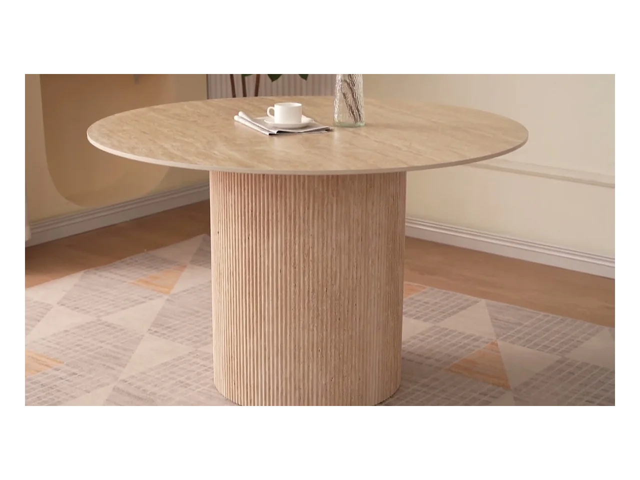 Table à manger ronde 4 personnes - Plateau en céramique effet travertin beige - ESME