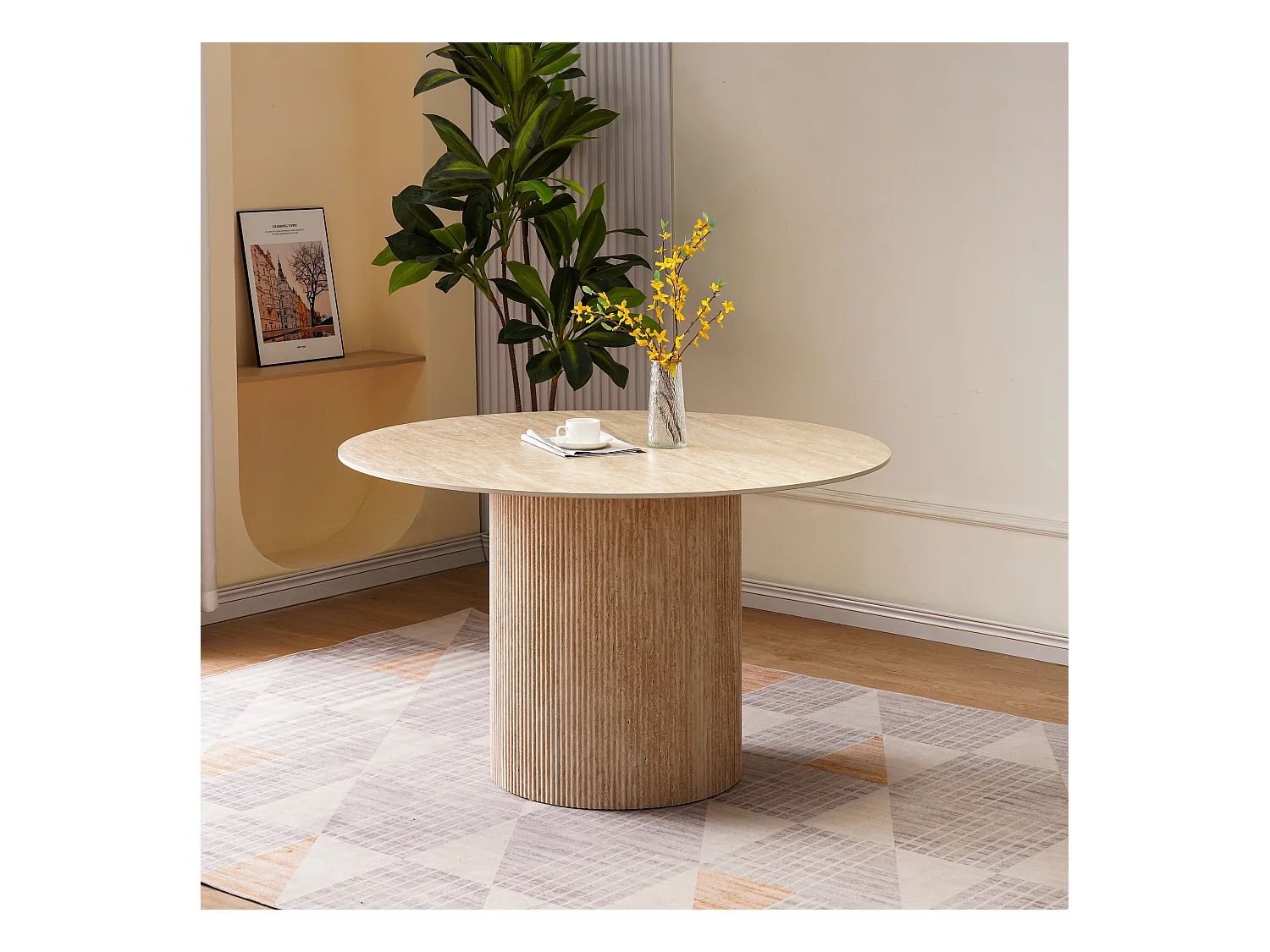 Table à manger ronde 4 personnes - Plateau en céramique effet travertin beige - ESME