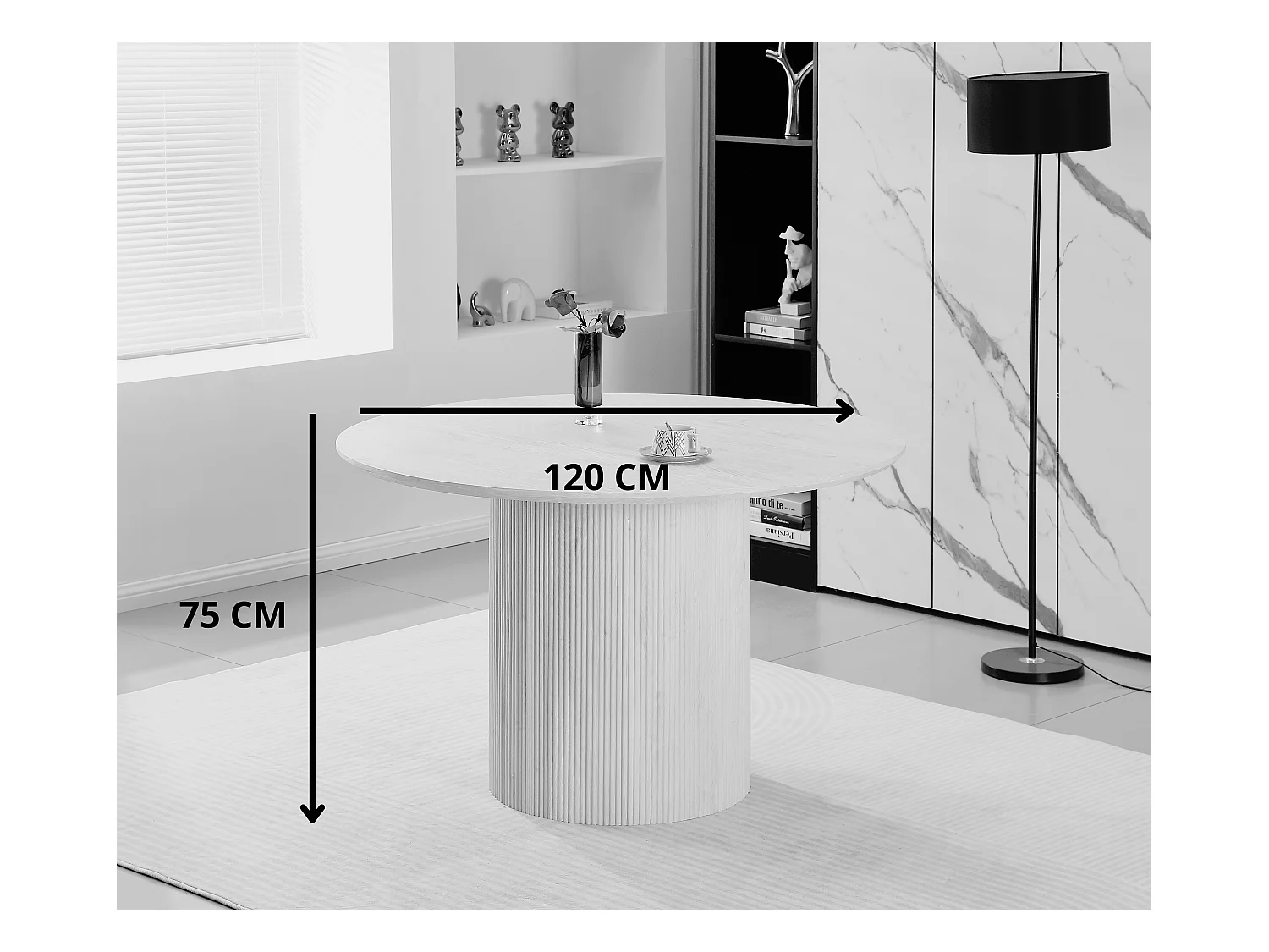 Table à manger ronde 4 personnes - Plateau en céramique effet travertin beige - ESME