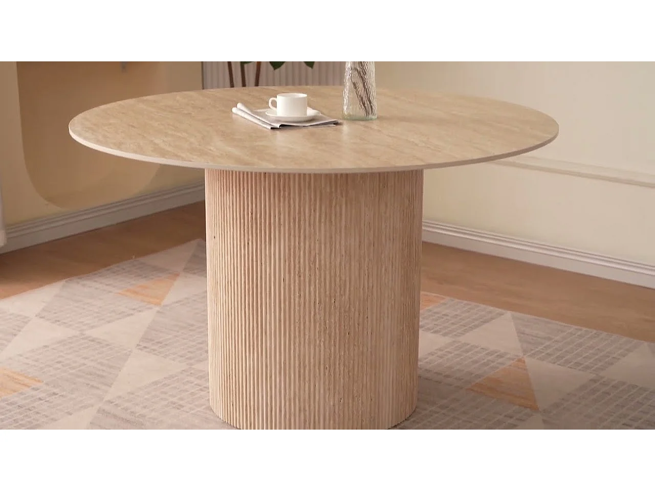 Table à manger ronde 4 personnes - Plateau en céramique effet travertin beige - ESME