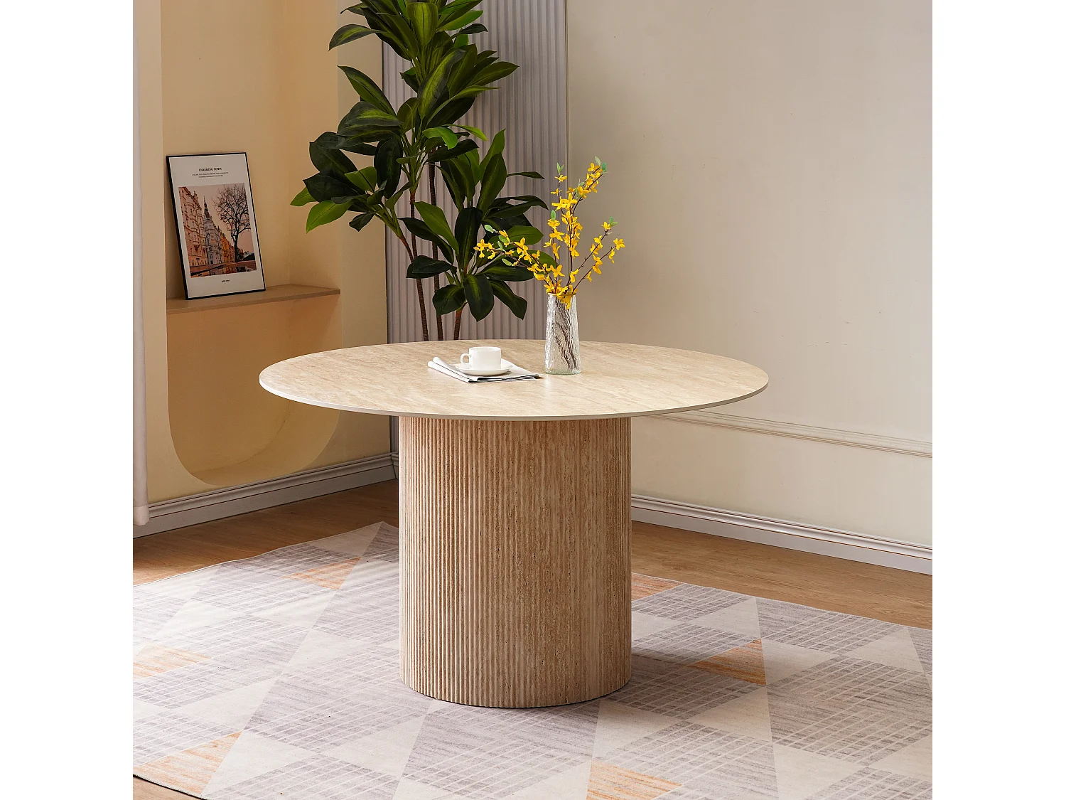 Table à manger ronde 4 personnes - Plateau en céramique effet travertin beige - ESME