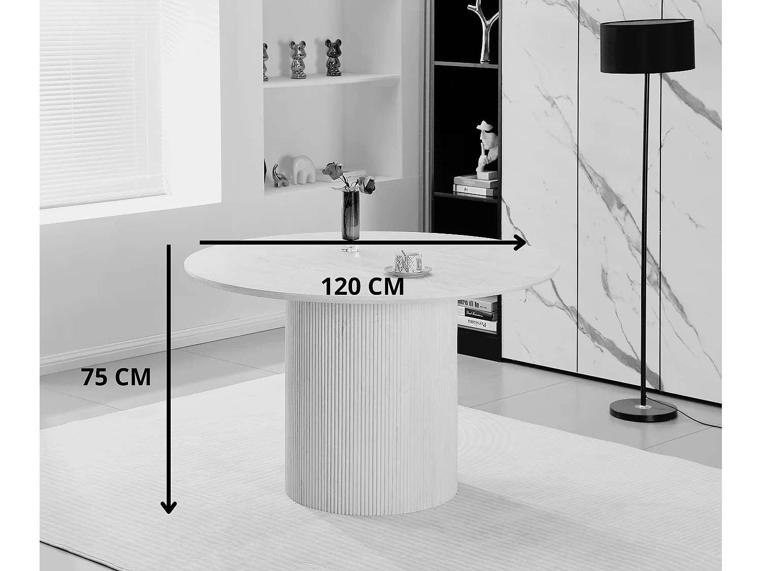 Table à manger ronde 4 personnes - Plateau en céramique effet travertin beige - ESME