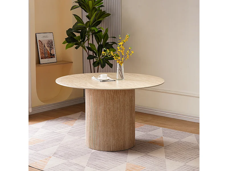 Ronde eettafel voor 4 personen - Keramisch blad met travertinlook beige - ESME
