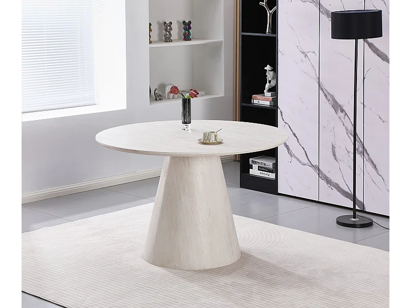 Table à manger ronde en MDF - Effet bois chêne blanc cassé - MANON