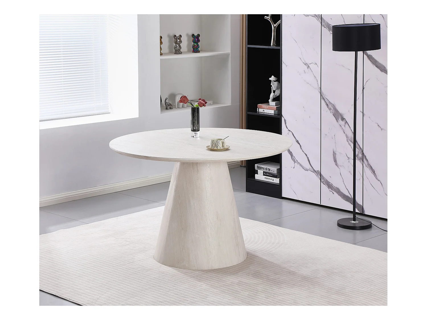 Table à manger ronde en MDF - Effet bois chêne blanc cassé - MANON