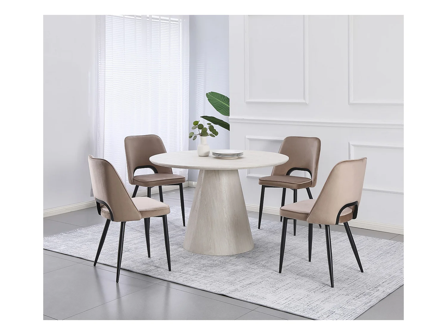 Table à manger ronde en MDF - Effet bois chêne blanc cassé - MANON