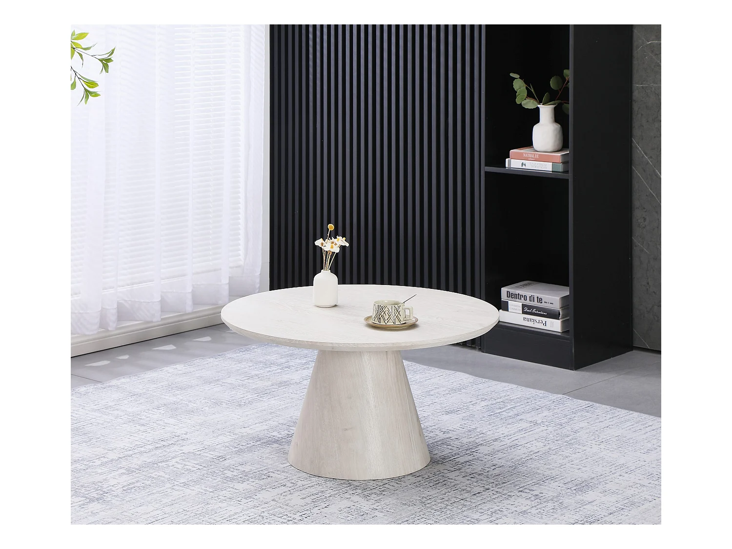 Table basse ronde - Effet bois chêne Blanc cassé - Bois MDF - MANON