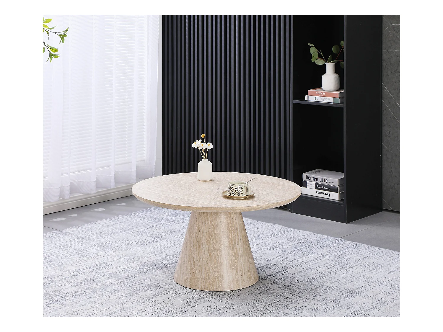 Table basse ronde - Effet travertin beige - Bois MDF - MANON