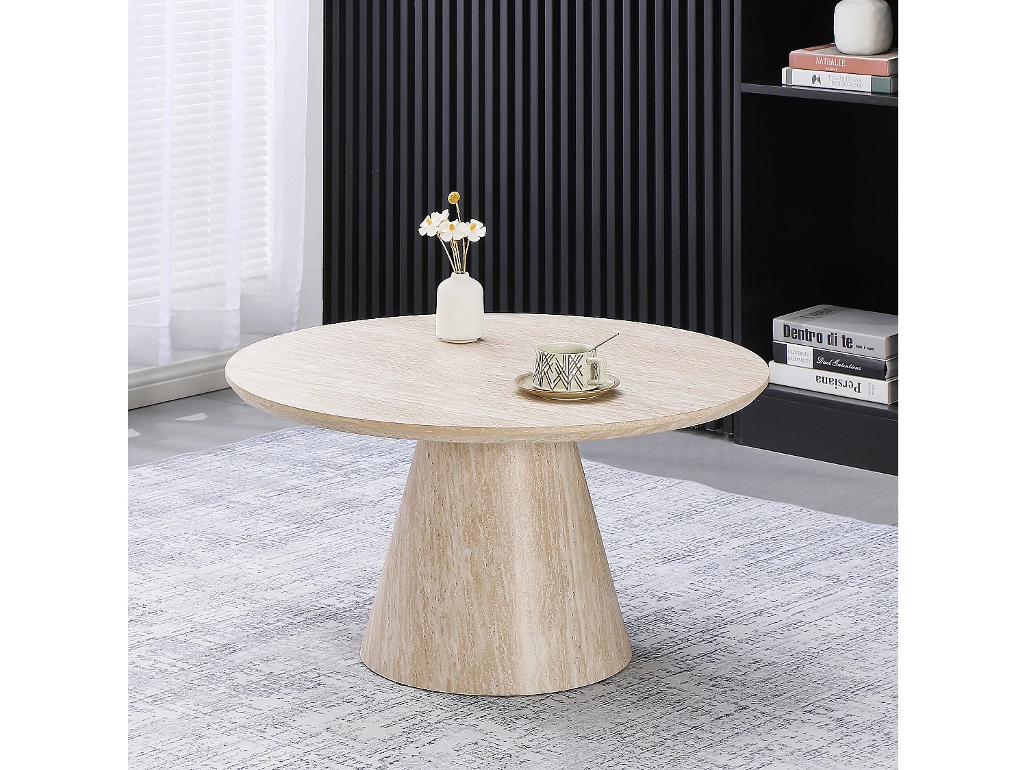 Table basse ronde 80cm - Effet travertin beige - Pied central conique - MANON