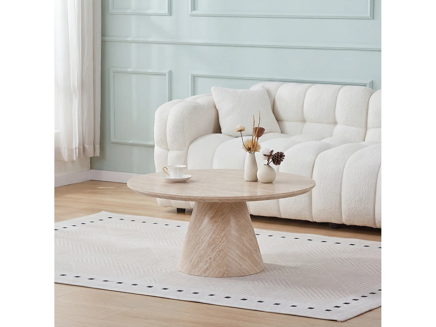 Table basse ronde 80cm - Effet travertin beige - Pied central conique - MANON