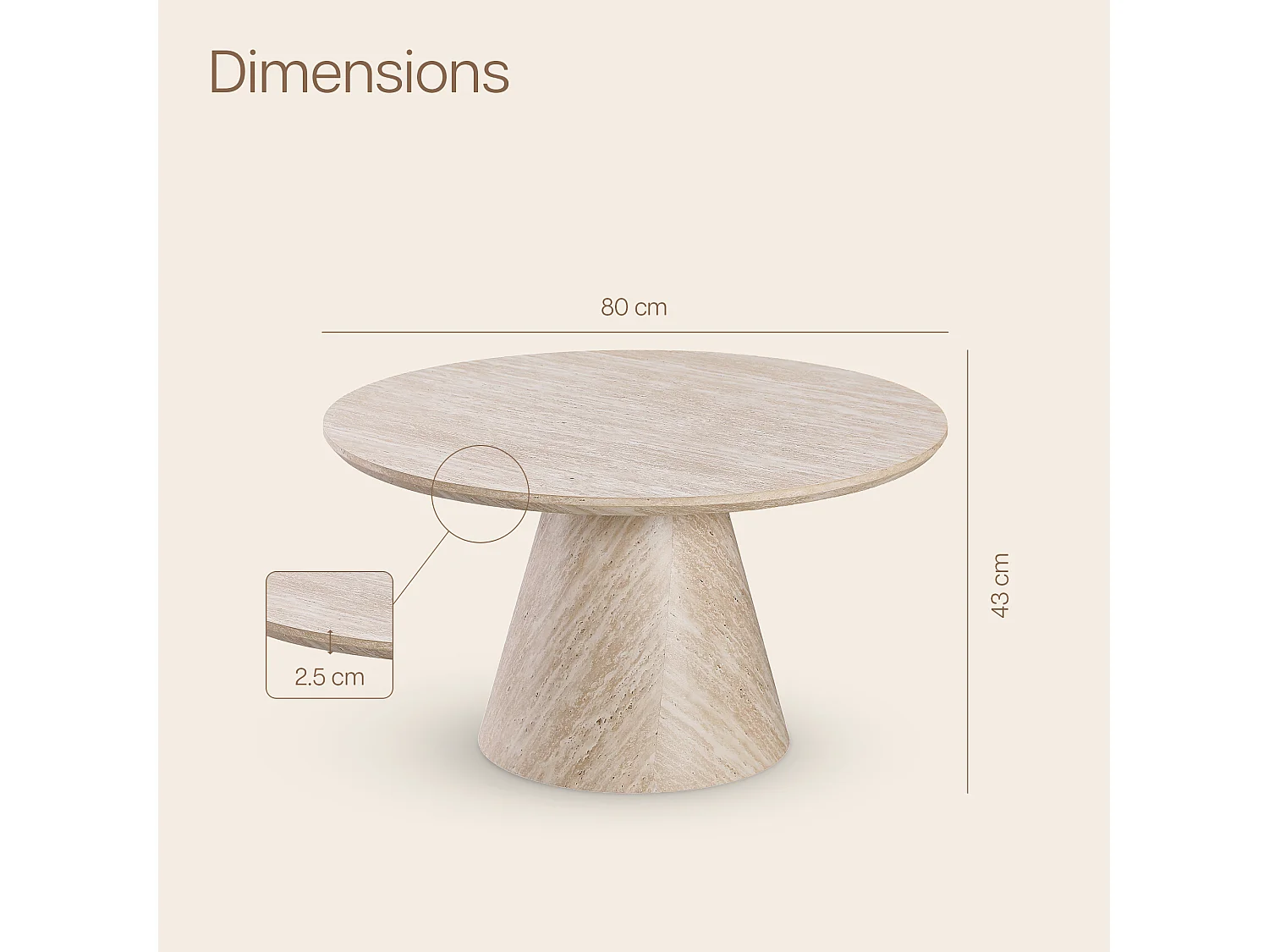 Table basse ronde 80cm - Effet travertin beige - Pied central conique - MANON